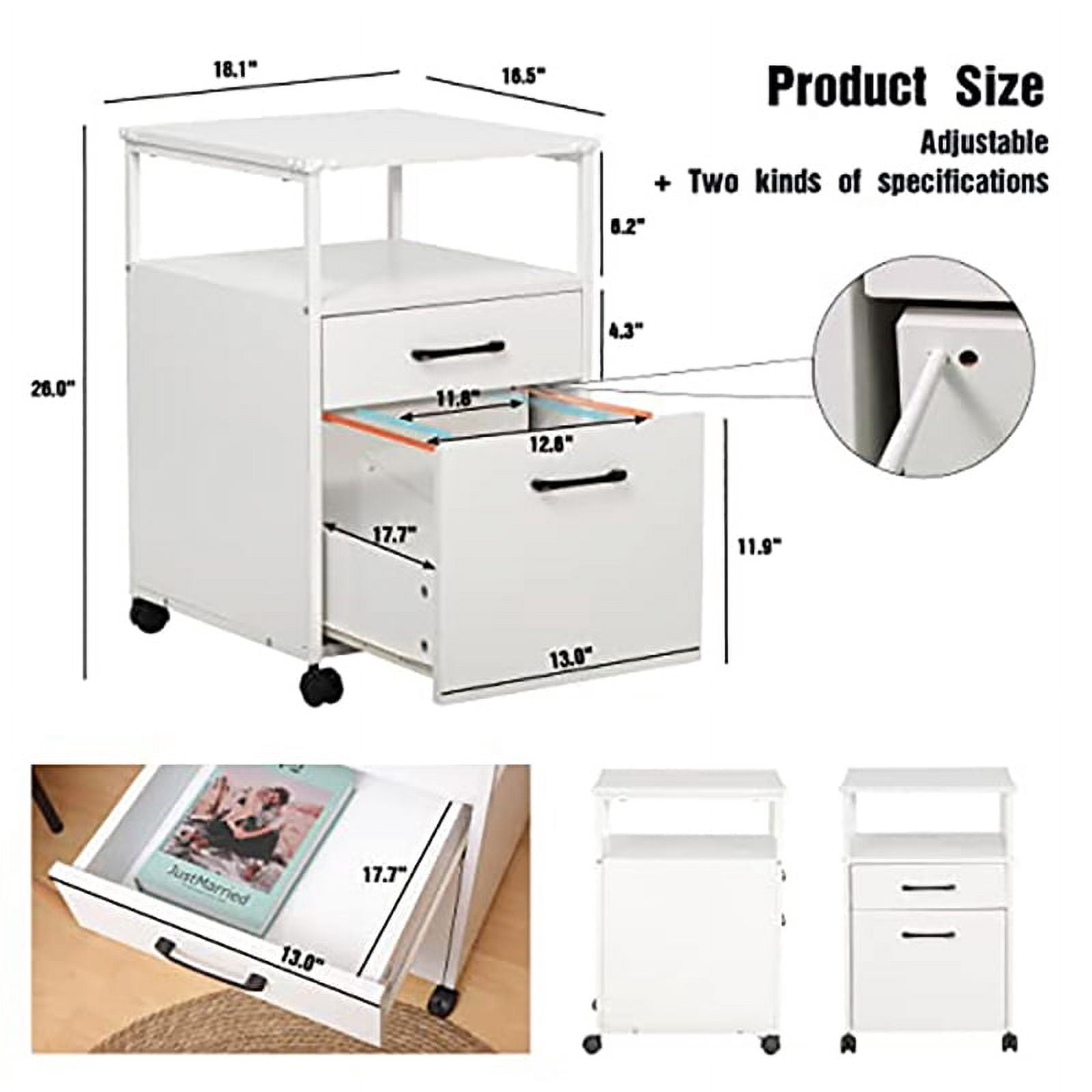 JJS Wood File Cabinet, Mobile Open Shelf Home Office Filing Cabinet Printer Stand for Letter Size Hanging Files, White
