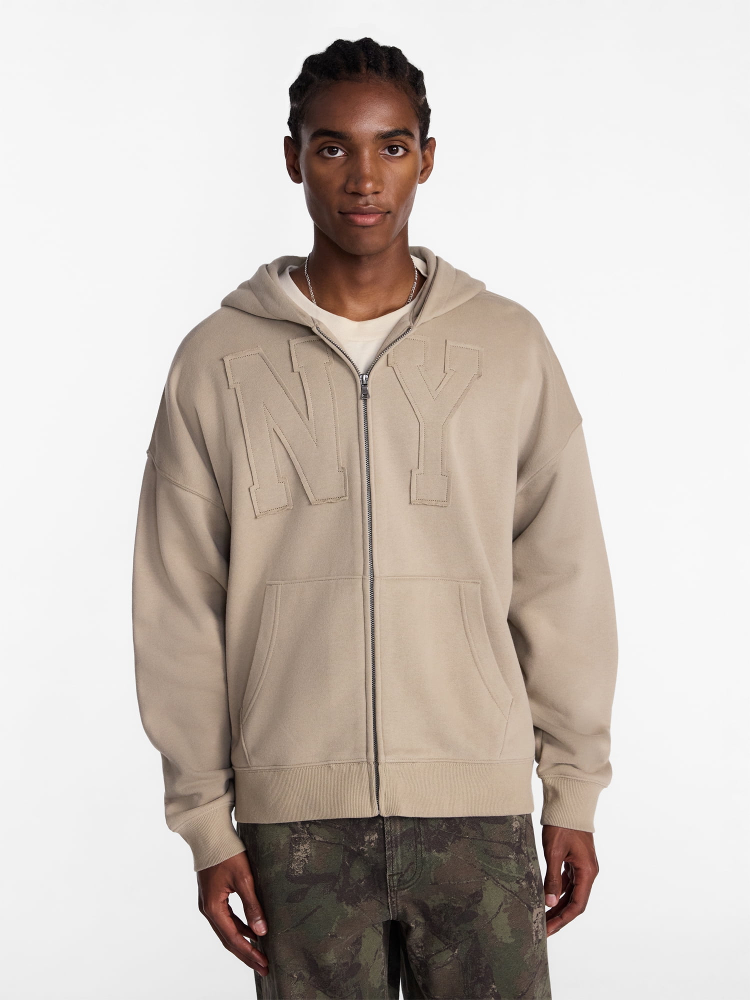 No Boundaries Zip Up Oversized Hoodie with Applique Detail, Men's and Big Men's XS-3XL
