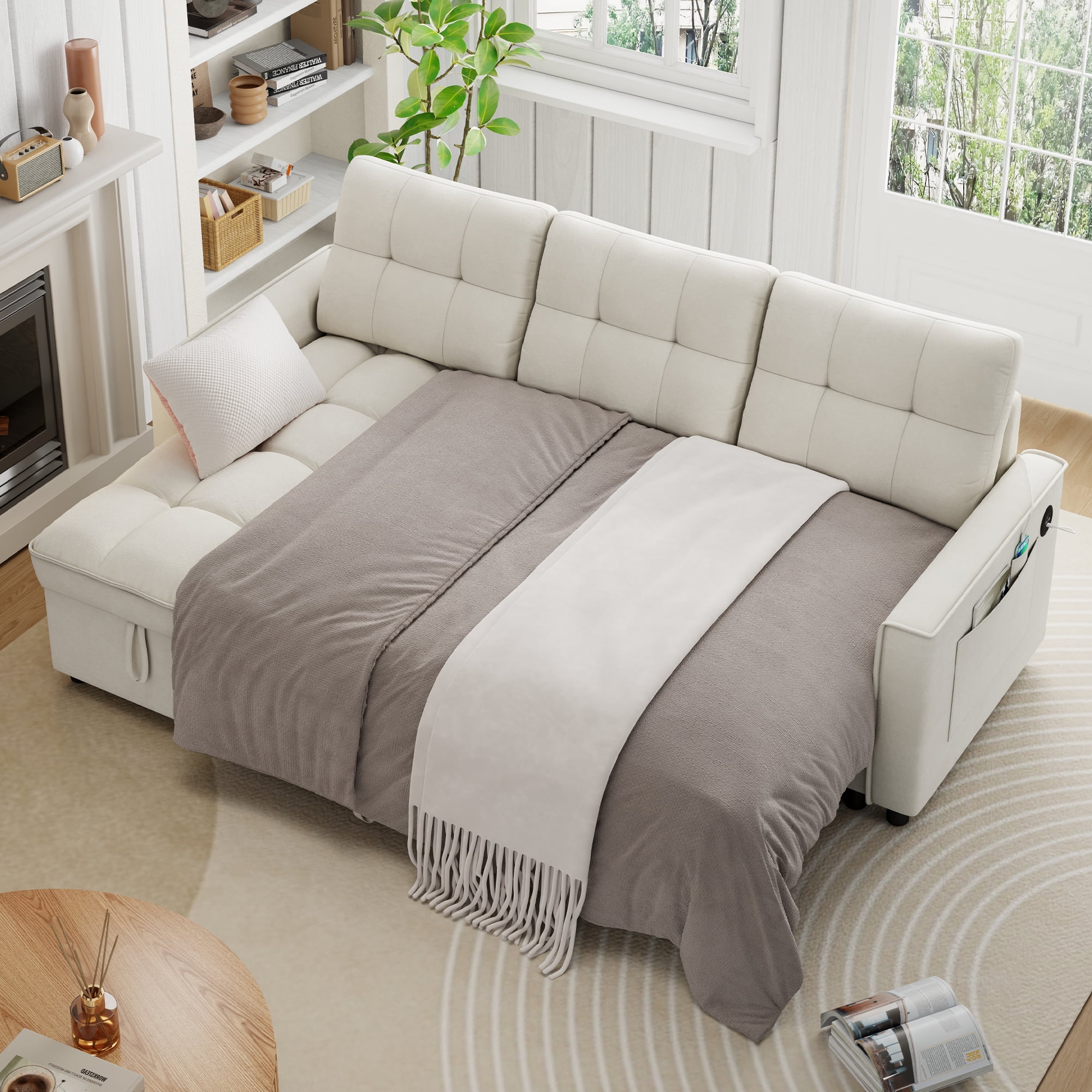 Muumblus Convertible Sofa Bed, Sectional Sleeper Sofa with Storage Chaise, L-Shaped Couch for Living Room, Beige Chenille