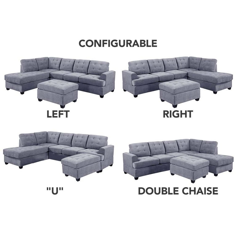 2 Piece Modern Reversible Grey Tufted Microfiber Sectional Sofa with Ottoman