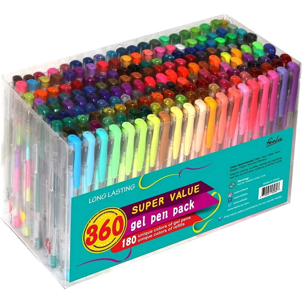 Feela 360 Colors Gel Pens Set 180 Unique Pen Plus 180 Refills for Adult