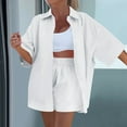 thumbnail image 4 of YHAJDS 2 Piece Set for Women Summer Short Sleeve Collar Relaxed Shirt Top Elastic Shorts Outfit, 4 of 5