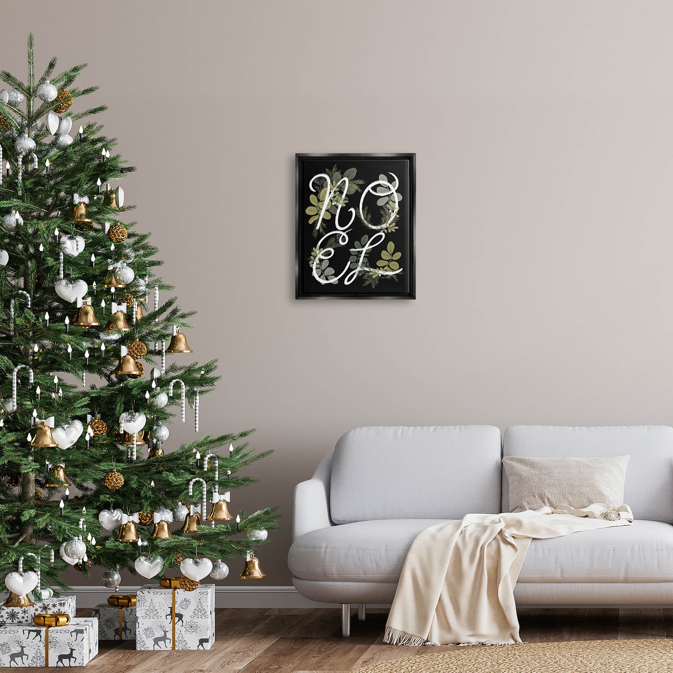 Noel Intertwined Botanical Leaves Holiday Graphic Art Jet Black Framed Art Print Wall Art