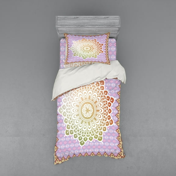 Ambesonne Ethnic Bedding Set 3 Pcs, Floral Petal Form Nature, Twin, Lilac and Mint