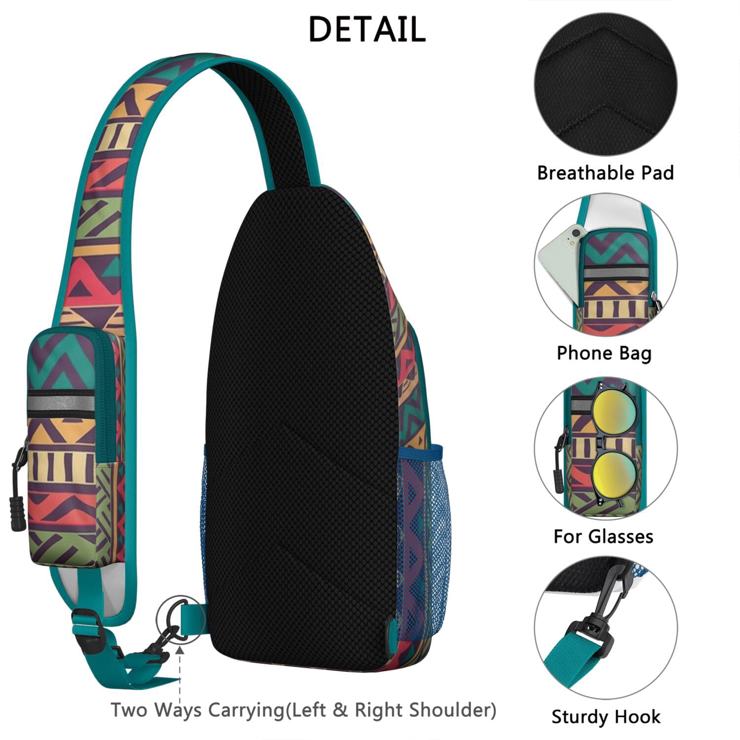 Floral Sling Backpack Retro Ethnic Crossbody Daypack Lightweight with Adjustable Strap