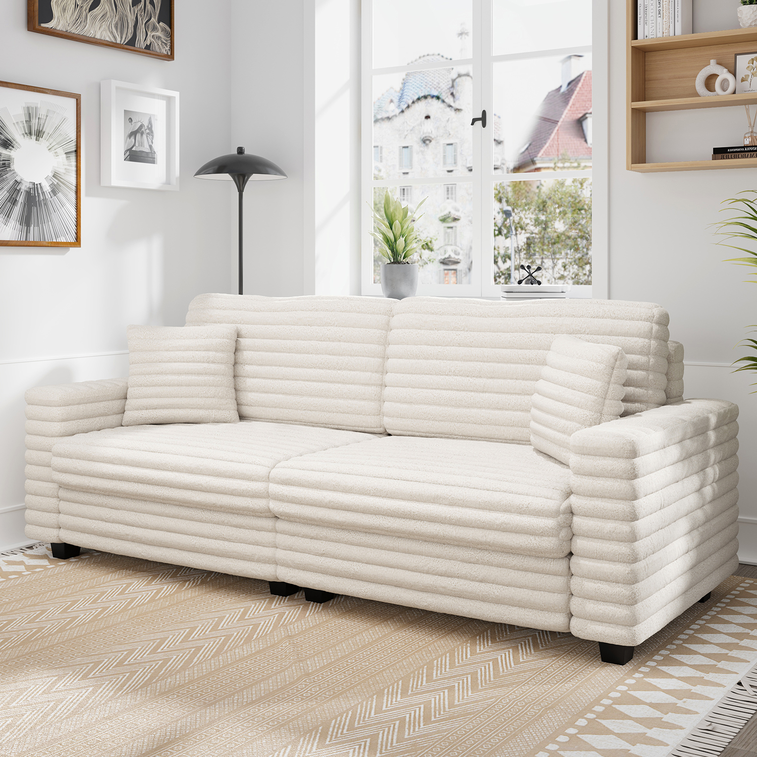 Marrber 79” Oversized Plush Corduroy Loveseat Cloud Sofa, Comfy Extra Deep Seat with Two Pillows and Wide Armrests for Living Room, Apartment, Sturdy, Beige