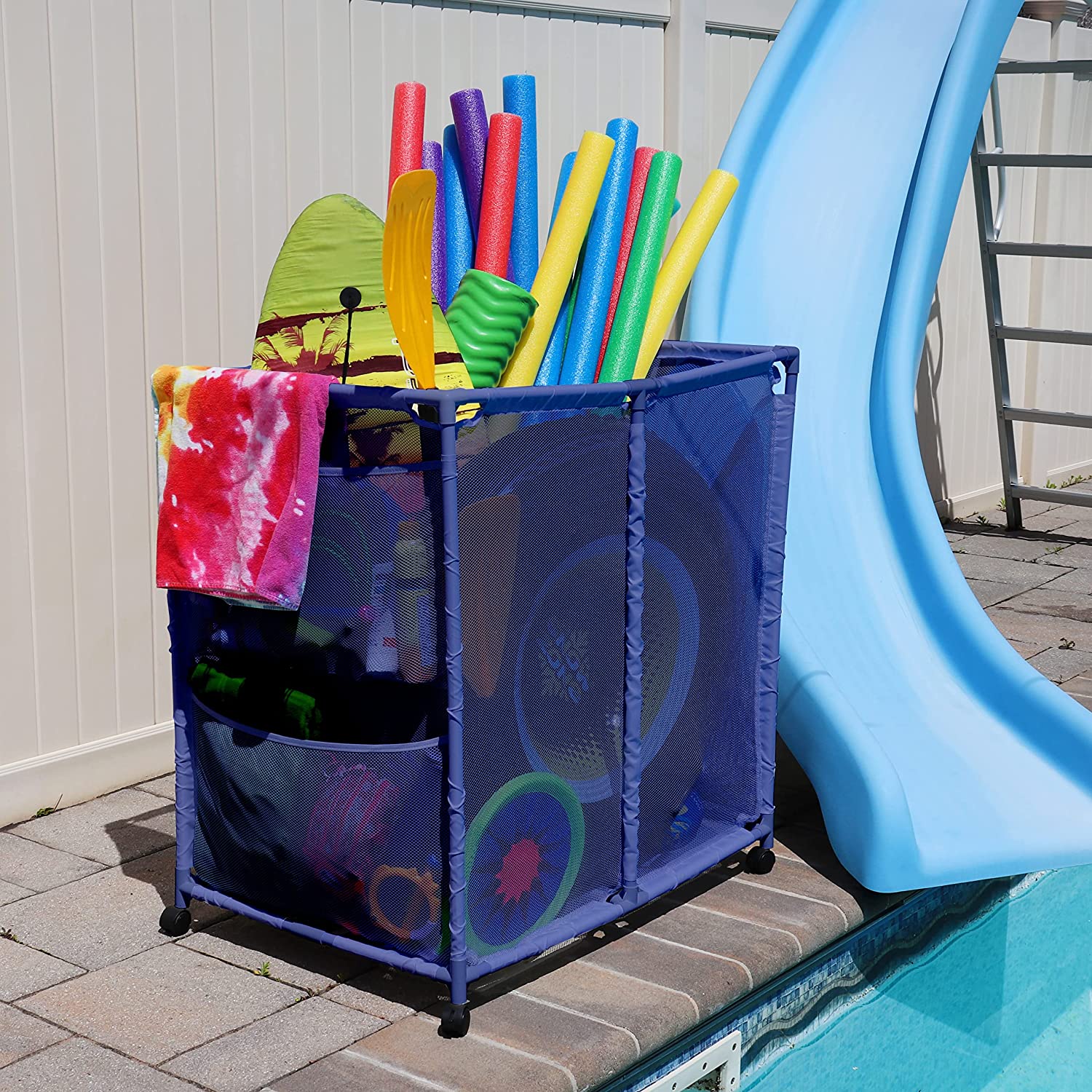 Essentially Yours Rolling Pool Toy Storage Bin, Pool Floats, Balls and Equipment Organizer, Large, Blue, 35" W x 25.4" L x 37.5" H