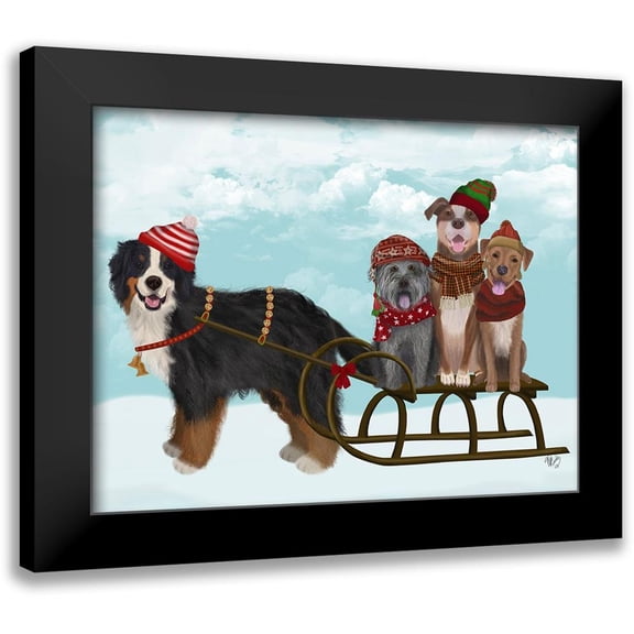Fab Funky 14x12 Black Modern Framed Museum Art Print Titled - Christmas Mutt Sled