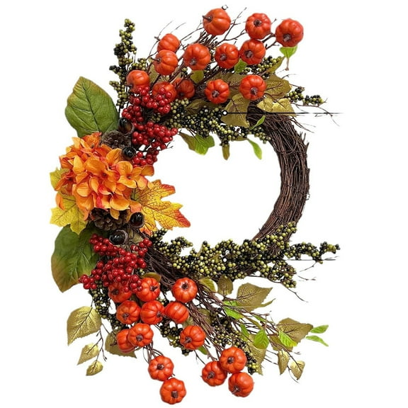 Farmhouse Fall Wreath with Pumpkins & Berries - 24 Inch Autumn Front Door Wreath - Thanksgiving Harvest Decor for Indoor/Outdoor Use - Rustic Home & Porch Decoration