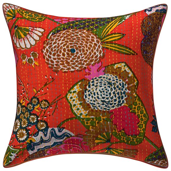 Stylo Culture Ethnic Couch Throw Pillow Cover 16x16 Kantha Orange Printed 40x40 cm Living Room Toss Pillow Case Cotton Tropicana Square Cushion Cover | 1 Pc
