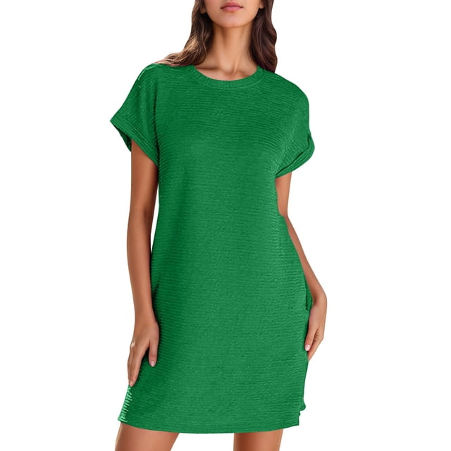 Lenpel Robe T-Shirt pour Femme, Couleur Unie, Manches Courtes, Col Ras du Cou, Robe Tunique, Été, Décontractée, Mini, avec Poches