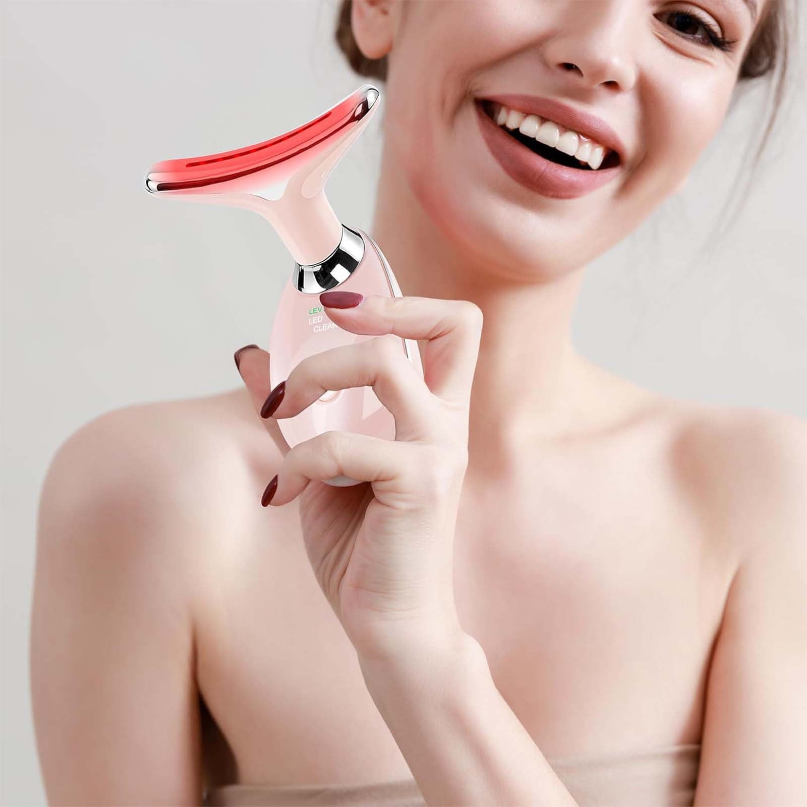Pink 7 Color Led Facial Massager Wand Red Light Therapy Skin Lifting Device Neck Massager With 3 Speeds Usb Rechargeable 3.5X1.9X4.7 Inch