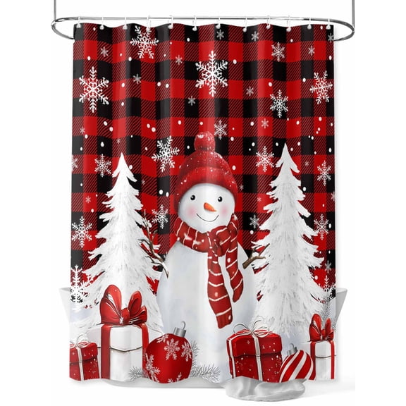 Christmas Red Snowman Shower Curtain Set ,Waterproof Fabric Shower Curtains White Pine Tree Xmas Balls Snow Plaid Shower Curtains for Bathroom,Bathroom Decor 36"x78"