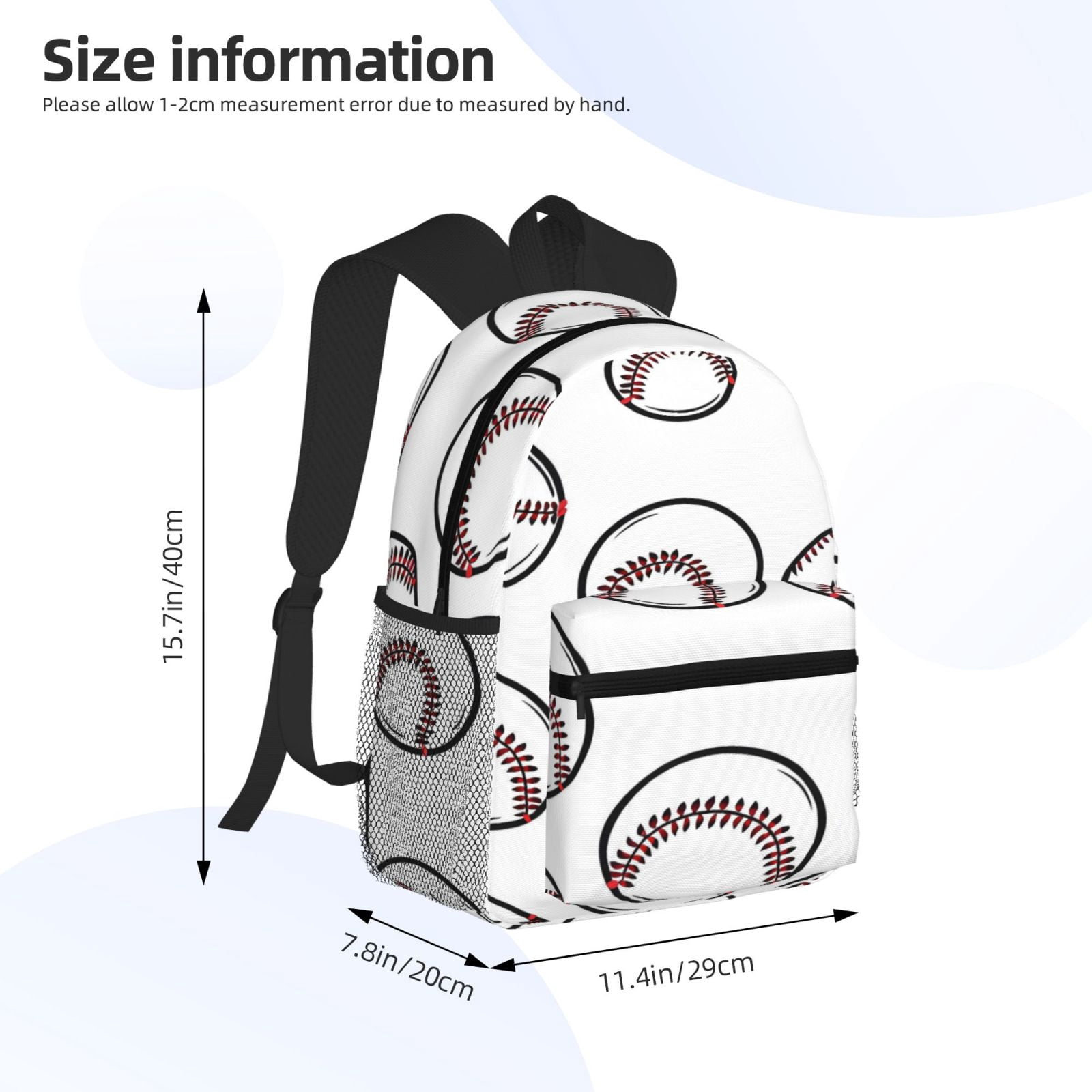 Casual Backpack Water Resistant Lightweight Daypack For Work Travel Hiking Camping Laptop Compartment & Side Mesh Pockets White Baseballs With Classic Red Stitching