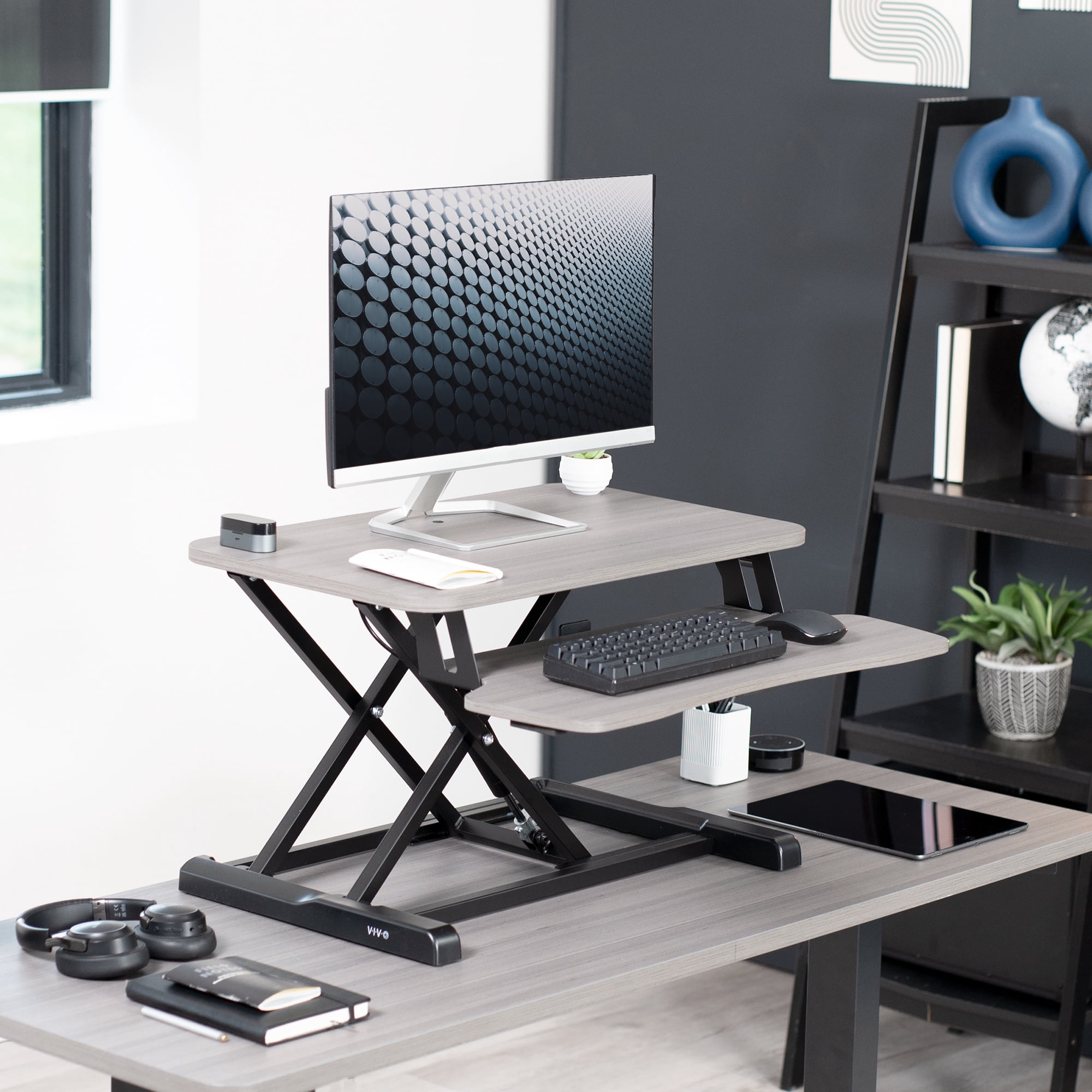 VIVO Gray 26" Height Adjustable Standing Desk Monitor Riser, Black Frame