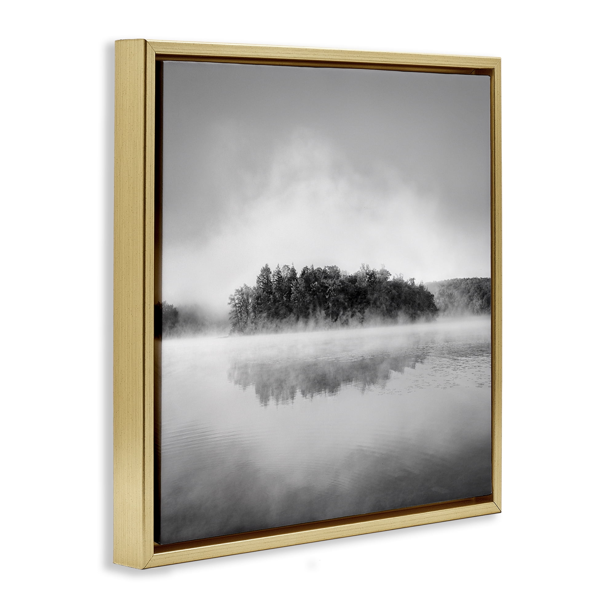 Stupell Industries Lake with Distant Island Landscape & Nature Photography Gold Floater Framed Canvas Art Print Wall Art, 18 x 18