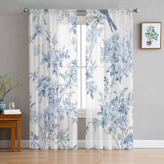 Blue White Flowers Sheer Curtains 63 Inches Length 2 Panels Set, Window Sheer Curtains for Living Room/Bedroom, Spring Summer Floral Botanical Light Filtering Rod Pocket Curtain 52'' x 63'' x 2