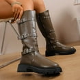 thumbnail image 2 of Lovzfmll Knee High Boots Women, Boots Round Toe Side Zipper Low Heel, Chunky Mid Heel Buckle Leather Motorcycle Boots Casual Brown Boots, 2 of 9