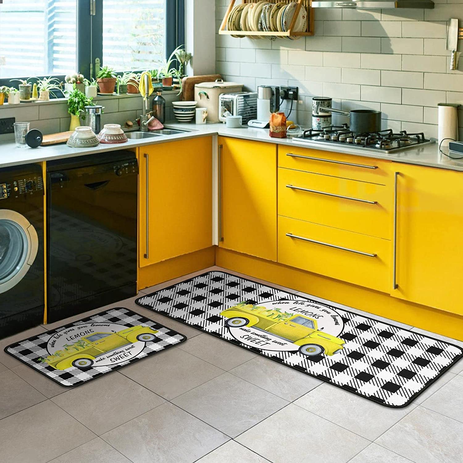 2Pcs Lemon Truck Kitchen Rugs and Mats Sets Non Skid Mats Sets for