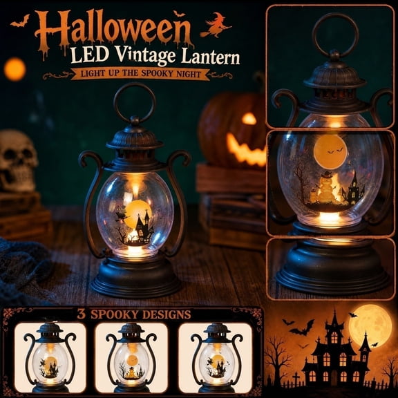 Halloween Led Lantern, Pumpkin Scene Decorative Lantern, Portable Warm Night Light for Indoor Halloween Home Tabletop Mantel Display Party Decoration