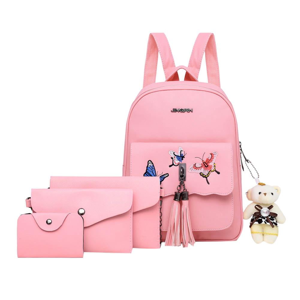 4Pcs/Set Small Women Backpack School Bags Leather Shoulder Bag Purse