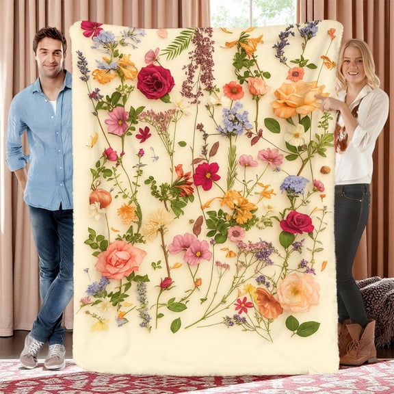 1pc Floral Print Flannel Blanket - Soft Cozy Warm Bedspread with Rose Lavender Sunflower Design, Contemporary Bedspread Suitable for Couch, Bed, or Gifting - All-Season Comforter in Neutral Tones