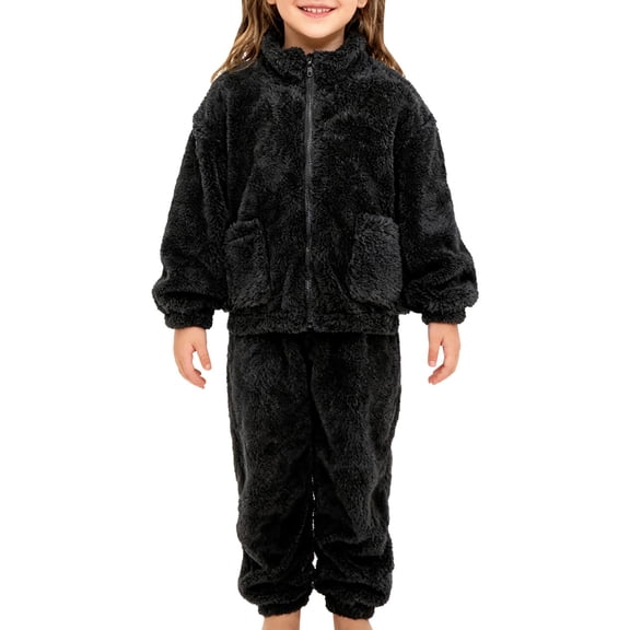 LIJCC Girls 2 Piece Outfits Fleece Jacket Fuzzy Long Sleeve Full Zip Sherpa Faux Fur Fall Winter Sweatshirt and Sweatpant with Pockets Sherpa Jackets Kids Outwear