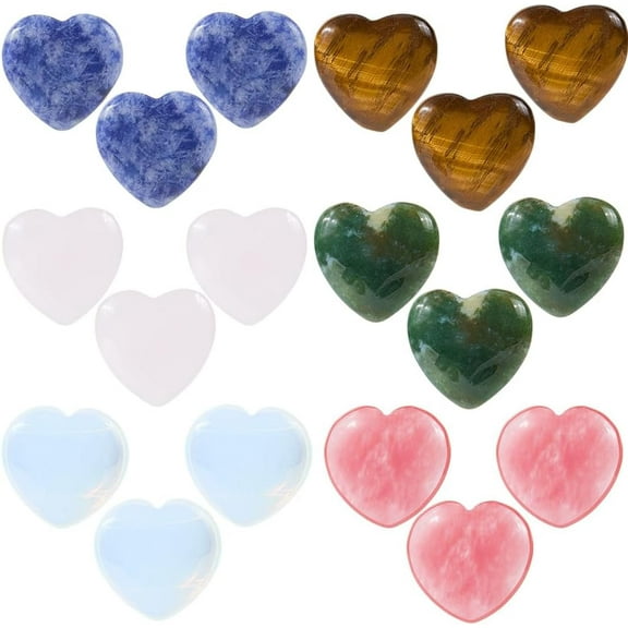 1 Box 18Pcs 6 Styles Natural Heart Crystals 0.8" Indian Agate Opalite Cherry Quartz Glass Rose Quartz Tiger Eye Gemstones for Valentines Meditation Reiki Pocket Gifts Mixed Color