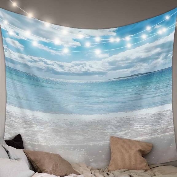 Ocean Beach Tapestry for Bedroom Wall Hanging Tapestry, Natural Blue Sea Waves Sky Cloudy Scenery Ceiling Backdrop Tapestries Poster Blanket Wall Decor for Teens Room Living Room Dorm 39" x 59"