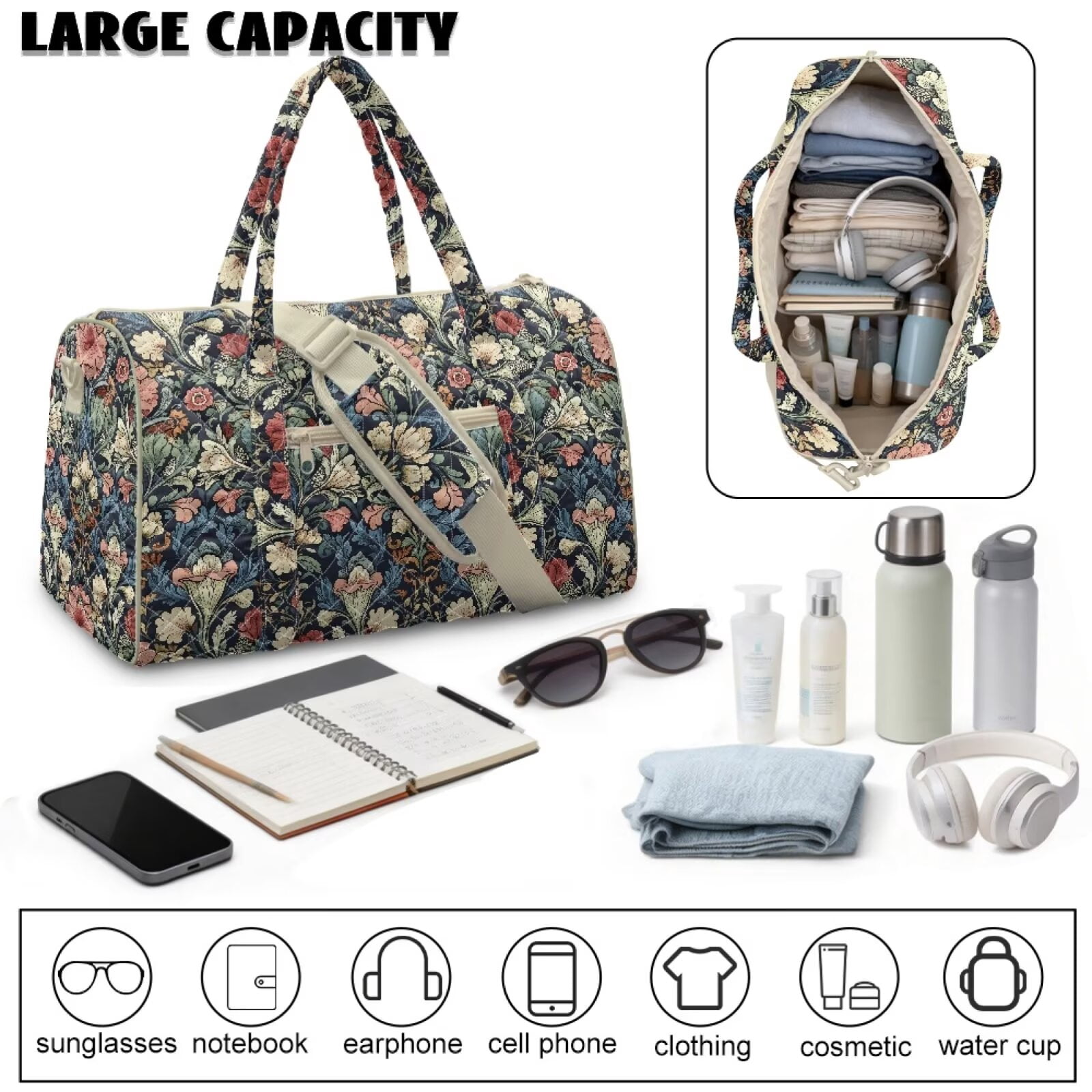 Chririnla Classic Dark Floral Print Quilted Sports Bag Universal Fit Gym Duffle Casual Change Bag with Separate Compartment & Polyester Fabric for Women Men