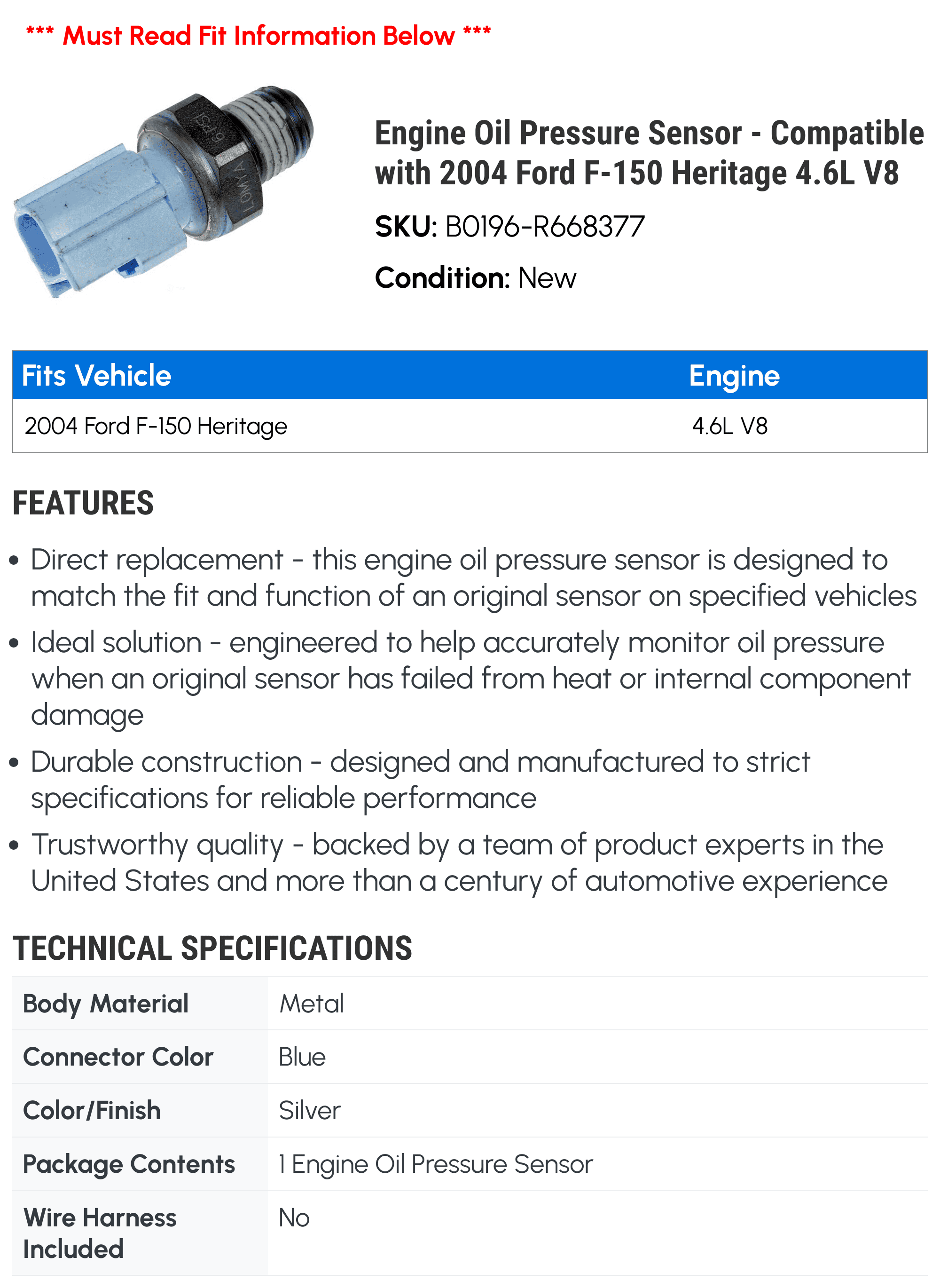 Engine Oil Pressure Sensor - Compatible with 2004 Ford F-150 Heritage 4.6L V8 - Dorman
