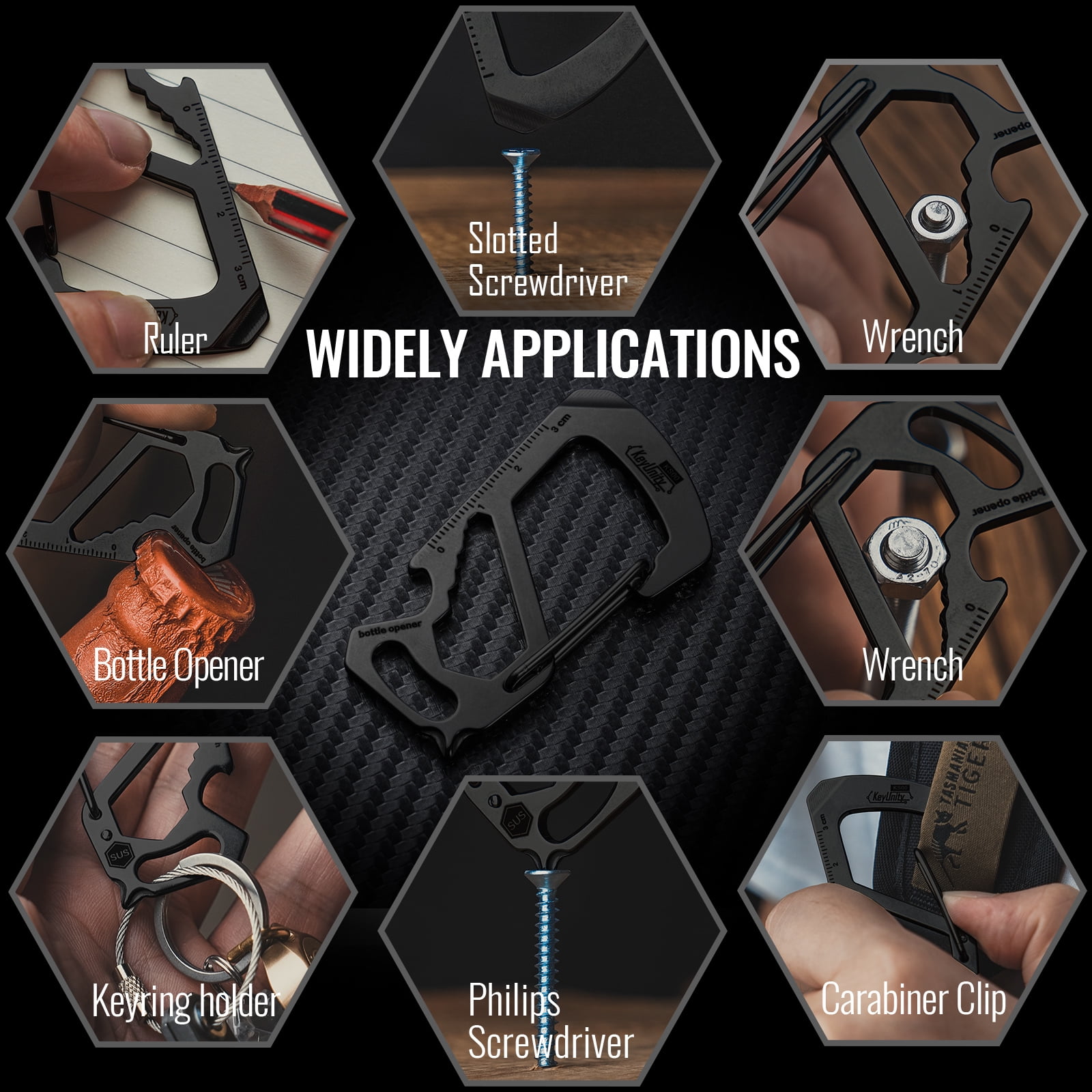 Key Unity 7-in-1 Stainless Steel Carabiner Clip, EDC Multitool with Ruler, Bottle Opener, Wrench, Key Clip, Pry bar, Phillips Screwdriver and Slotted Screwdriver, Black