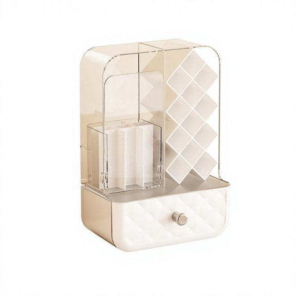 Dustproof Makeup Organizer with Clear Lid, Integrated Lipstick Holder and Makeup Brush Storage with Drawer, Quilted Design Cosmetic Display Case for Vanity, Dresser, and Bathroom, Cream White