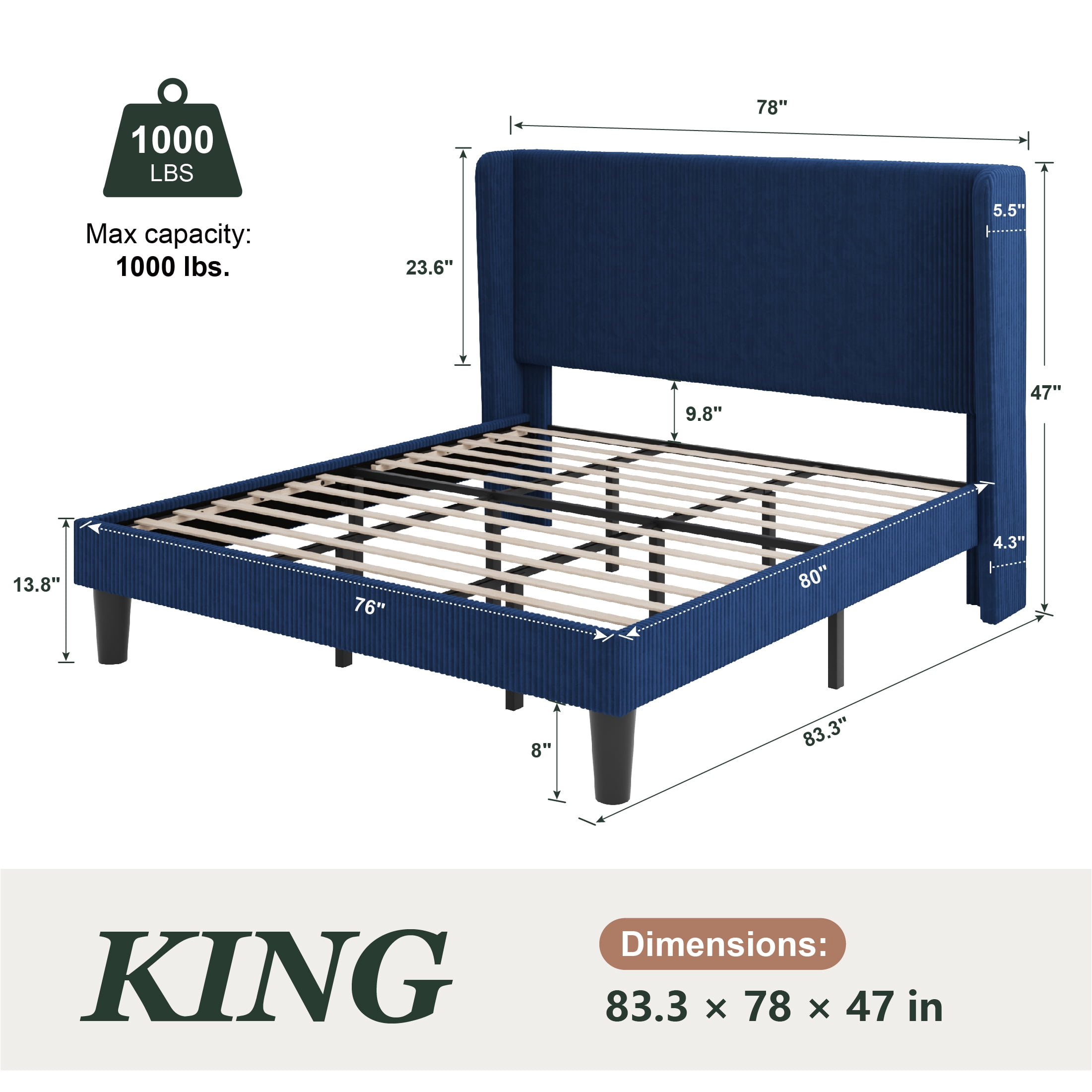 Amolife King Size Platform Bed Frame with Velvet Upholstered Wingback Headboard, Dark Blue