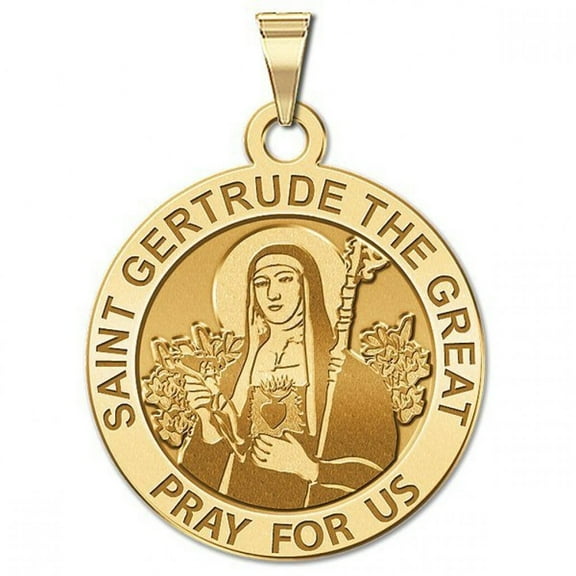 Saint Gertrude the Great Religious Medal -  - 2/3 Inch Size of Dime, Solid 14K Yellow Gold