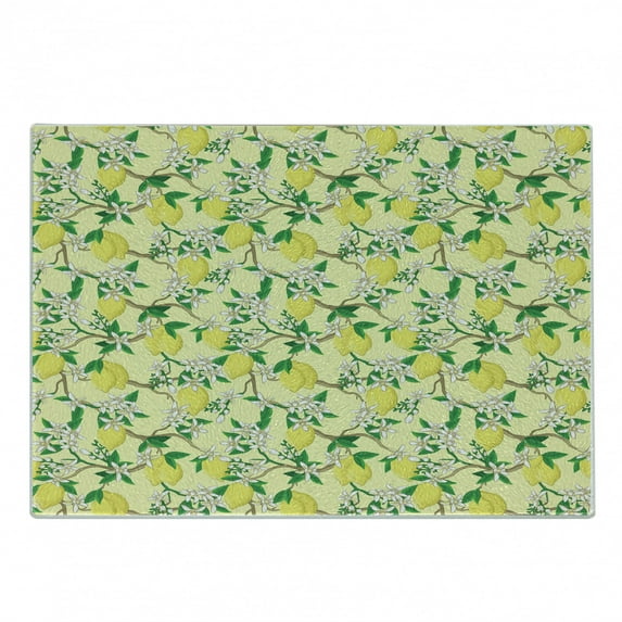 Lemons Cutting Board, Blooming Lemon Flowers on Tree Branches with Buds and Ripe Fruits, Decorative Tempered Glass Cutting and Serving Board, in 3 Sizes, by Ambesonne