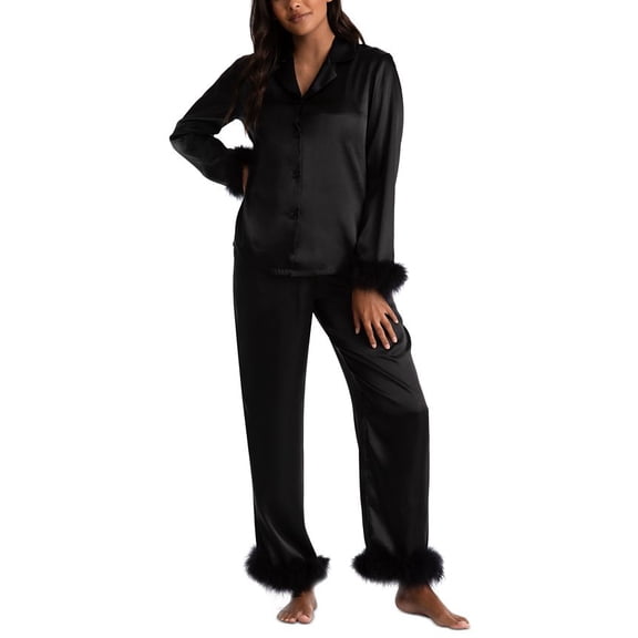 Linea Donatella Women’s Marabou Feather Satin Pajama Set, Black, Small
