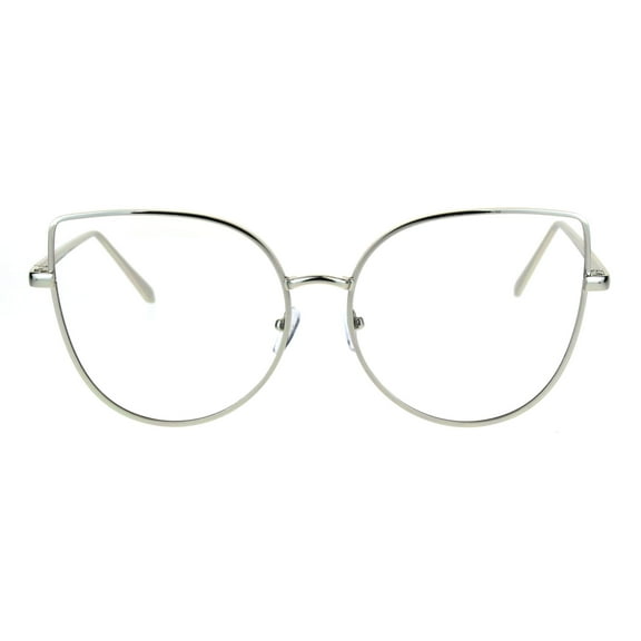 Womens Metal Rim Flat Panel Oversize Cateye Clear Lens Eye Glasses Silver