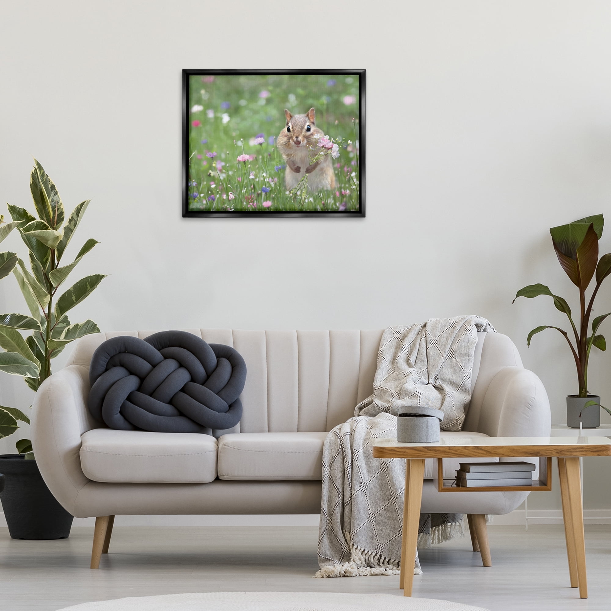 Stupell Industries Chipmunk Picking Flowers Animals & Insects Painting Black Floater Framed Canvas Art Print Wall Art, 31 x 25