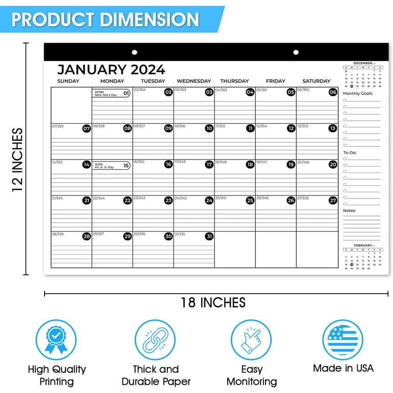Desk Calendar 2024, 12 Months Wall Calendar from January to December, Size  12" x 18”, Holidays, Julian Dates, Large Blocks, Thick Paper with Corner  Protectors - Walmart.com