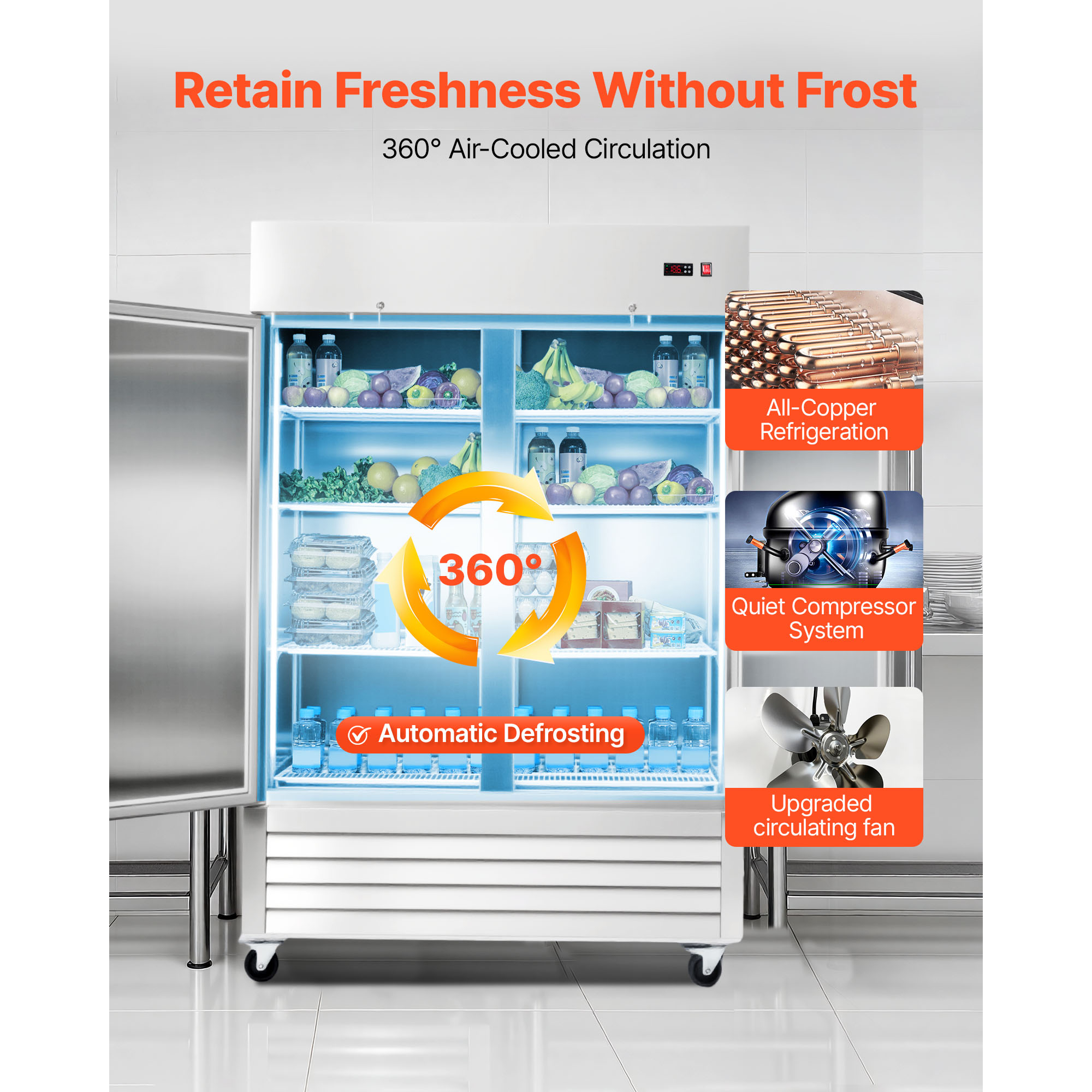KFFKFF Commercial Stainless Steel Double-Door Refrigerator, 54" Wide, 44 Cu.Ft Capacity, Adjustable Temperature Range 32-50℉, Auto-Defrost with 8 Shelves, ETL Certified