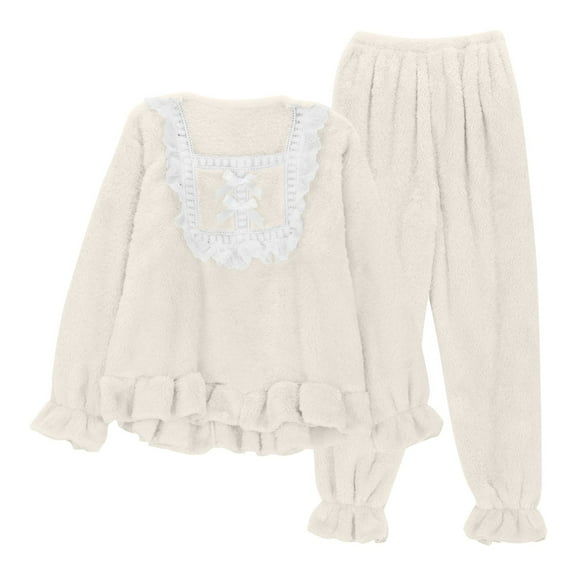 Lovskoo Women's Cute 2 Piece Pajamas Outfit Fuzzy Fleece Solid Color Pajama Set Soft Warm Sleepwear Loungwear A-Beige