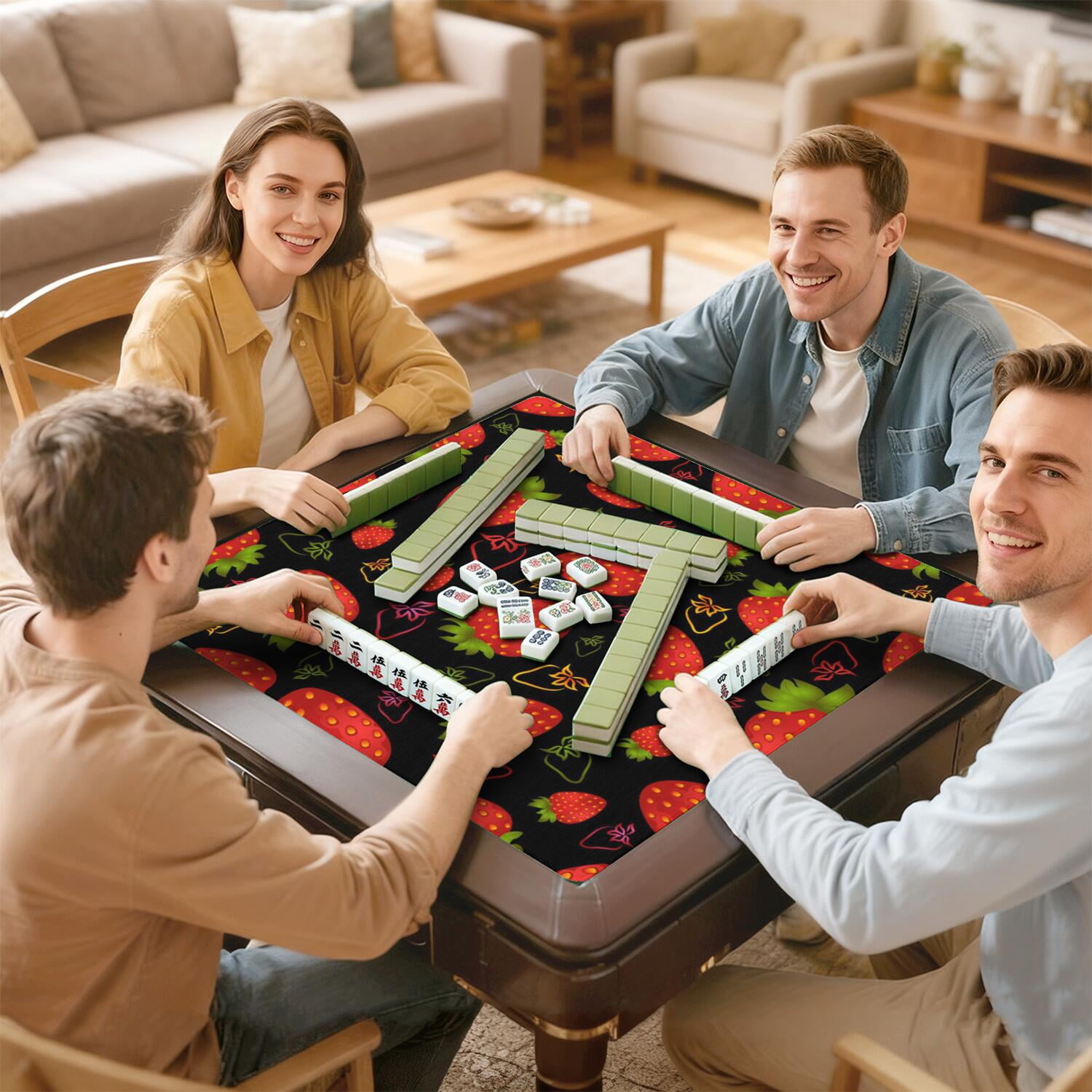 Strawberry Mahjong Mat with Rules, 31.5*31.5in Anti Slip American Mahjong Mat for Table, Noise Reduction, Neoprene Mah jongg Mats with Carrying Bag & 3 Dices, Mahjong Sets Gift, Board Tile Games Mats