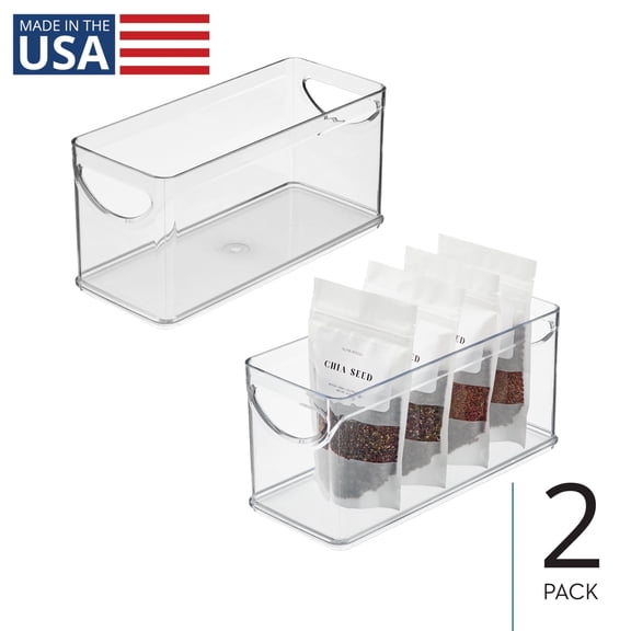 iDesign Narrow Pantry Organizer Bin with Handles, Set of 2, Clear, Made in USA