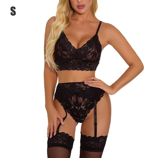 Conjunto de lencería de encaje sexy para mujer Ropa interior Sujetador Liguero Ropa de dormir, Negro, S Vogacara XX000094-01