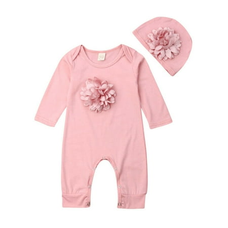 

Sunisery Newborn Baby Girls Autumn Clothes Set Long Sleeve 3D Flower Solid Romper Hat Pink 0-3 Months