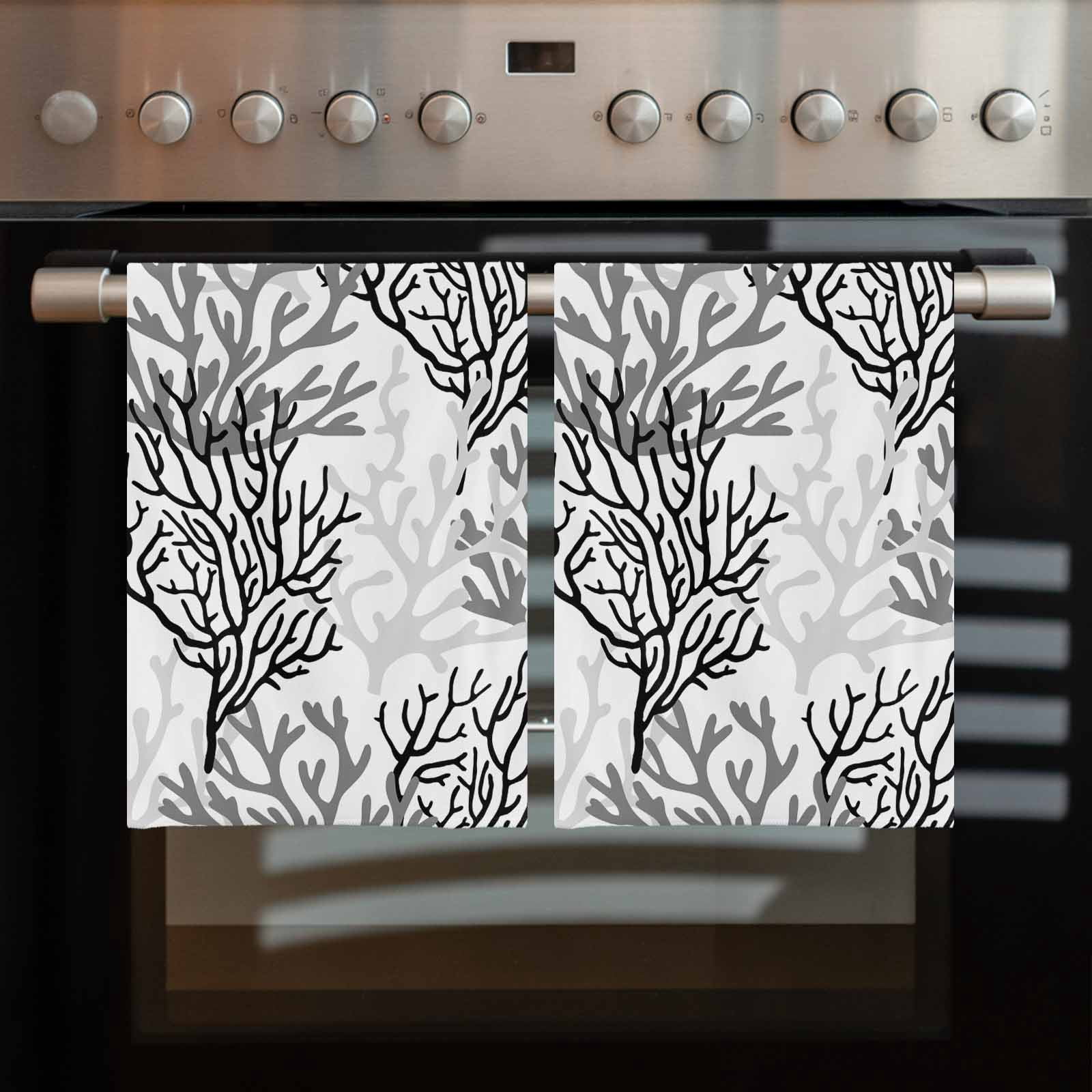 Black Gray Coral Coastal Kitchen Towels Set of 3, Water Absorbent Dish Towel, Summer Beach Seaside Nautical Decorative Hand Towels - Quick Drying Cloth for Cooking Baking, 18x28 Inch