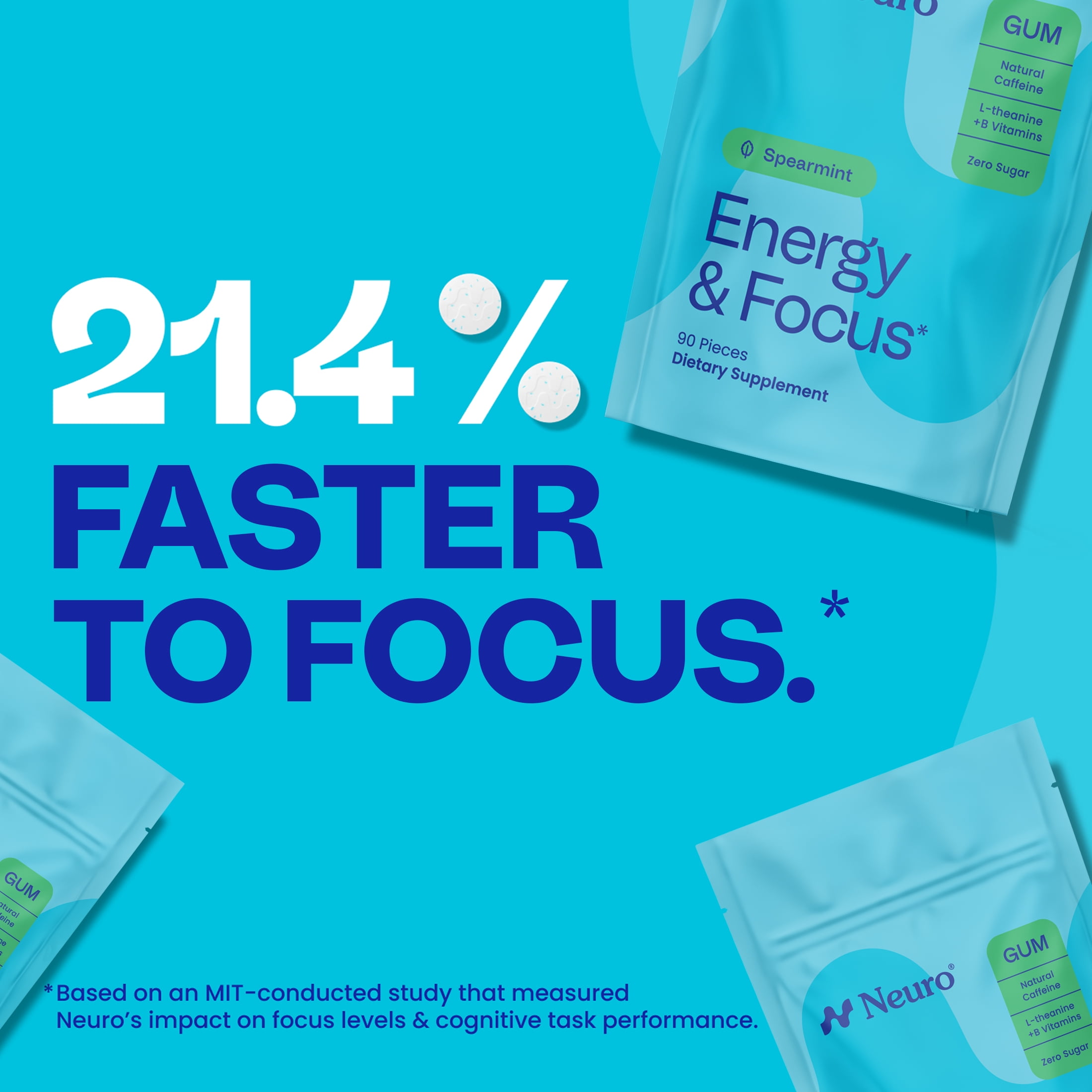 Neuro Energy & Focus Gum with Caffeine, L-Theanine, B Vitamins Spearmint 90 Count Bag