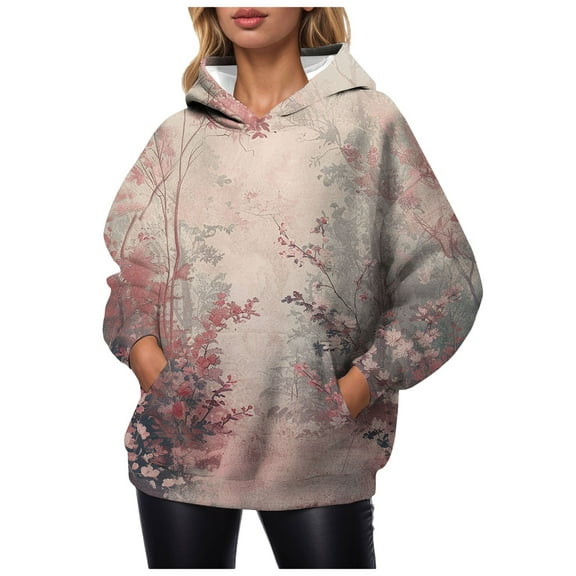 Kaprioy Camo Hoodies for Womens Cute Sweatshirt Maple Leaf Print Womens Oversized Fleece Sweatshirts Y2K Pullover Fall Fashion Clothing Pink, S