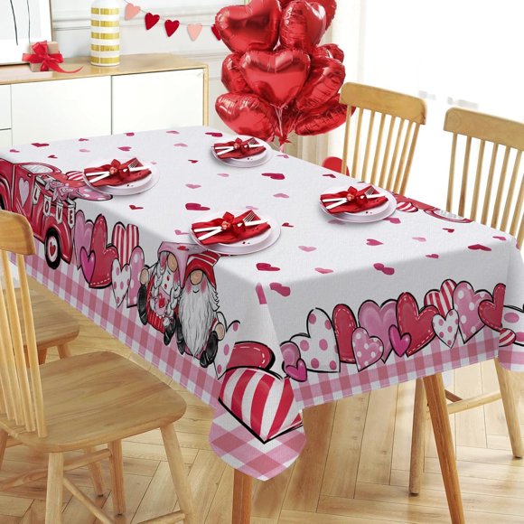 Nappe Rectangulaire de Camion Gnome de la Saint-Valentin 60 x 84 Pouces, Nappe Décorative à Carreaux Cœur d'Amour Rose et Rouge, Housse de Table de Salle à Manger, Décoration pour Anniversaire, Mariage, Fête, Souper, Pique-Nique